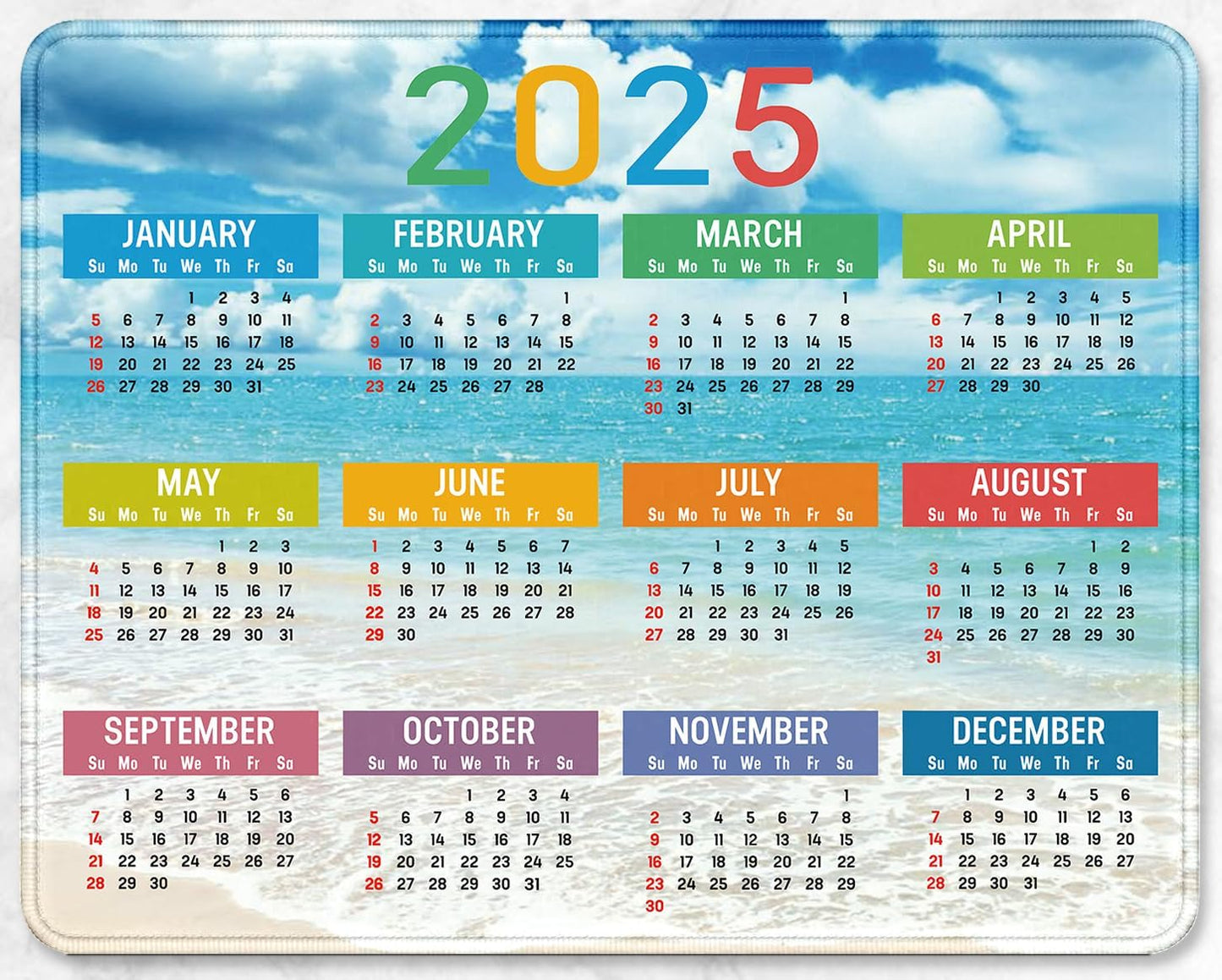 2025 Calendar Rectangular Stitched Edge Office Computer Mouse Pad, Anti Slip Rubber Desktop Gaming Mouse Pad (Beach Calendar)