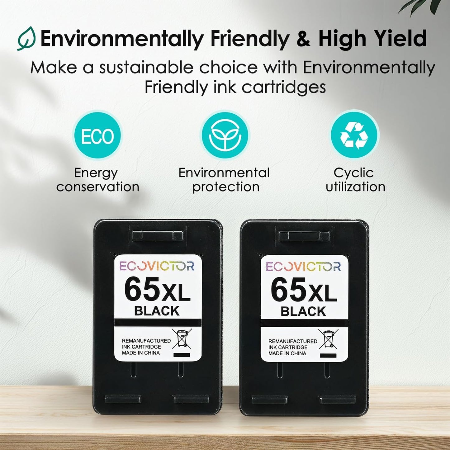 EcoVictor Remanufactured 65XL Ink Cartridges Replacement for HP 65 XL Black Ink Cartridge HP65 HP65XL Compatible Envy 5000 5055 5052 5010 5070 DeskJet 3755 3700 3772 3720 3752 2600 2622 2652 (2 Black)