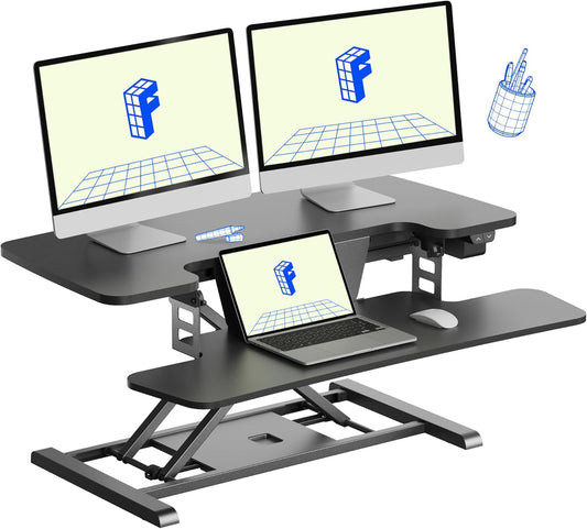 FLEXISPOT 35 inch Electric Standing Desk Converter, Motorized Stand up Desk Riser, Monitor and Laptop Workstation with Wide Keyboard Tray, Black