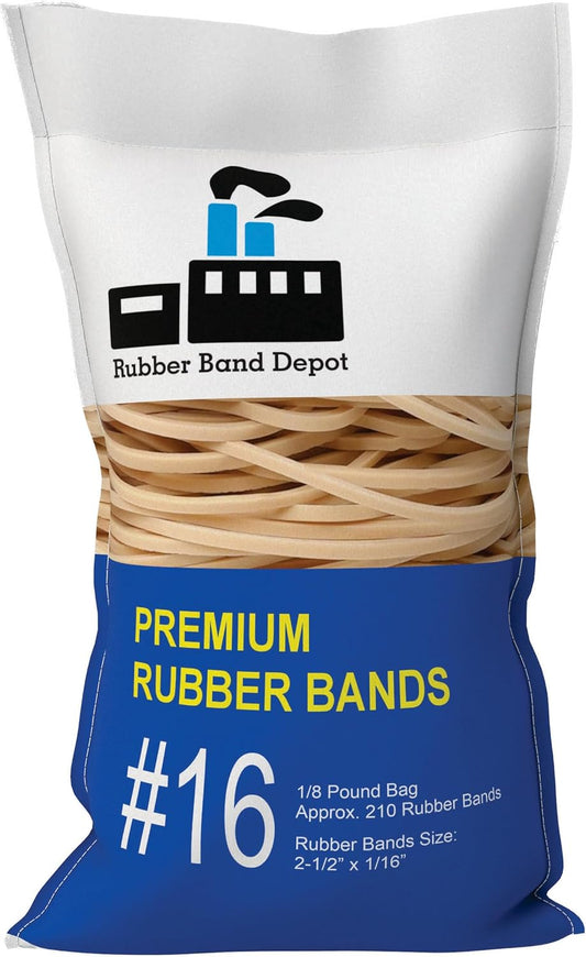 2-1/2" x 1/16'' - Size #16 - Rubber Band Depot - Everyday Bands, Business Rubber Bands - Approximately 210 Rubber Bands Per Bag - 1/8 Pound Bag
