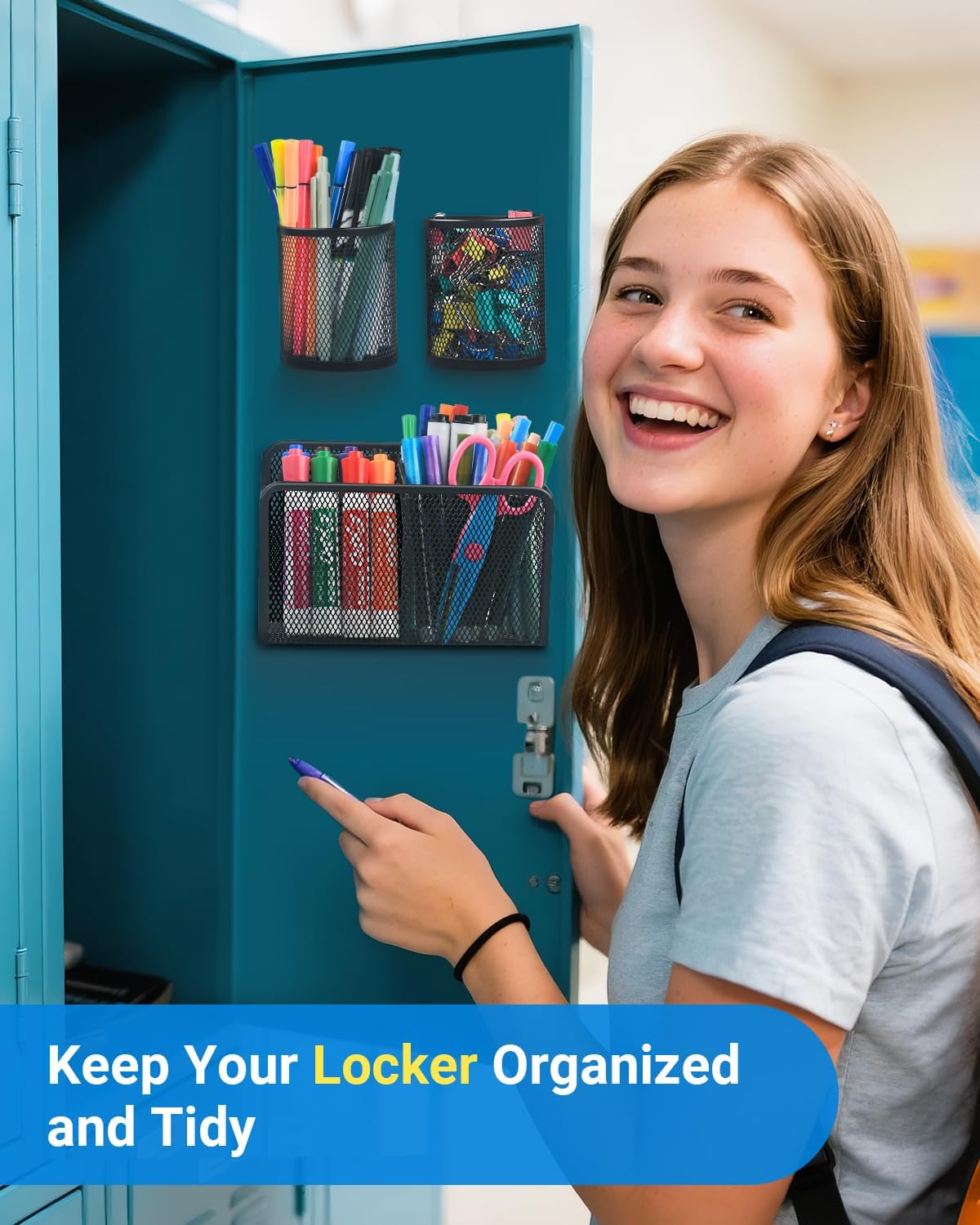 Magnetic Pen Holder, Metal Strong Magnet Pen Cup Magnetic Marker Storage Basket Locker Organizer for Whiteboard Refrigerator Fridge Locker Accessories Classroom Must Haves Teachers School Supplies