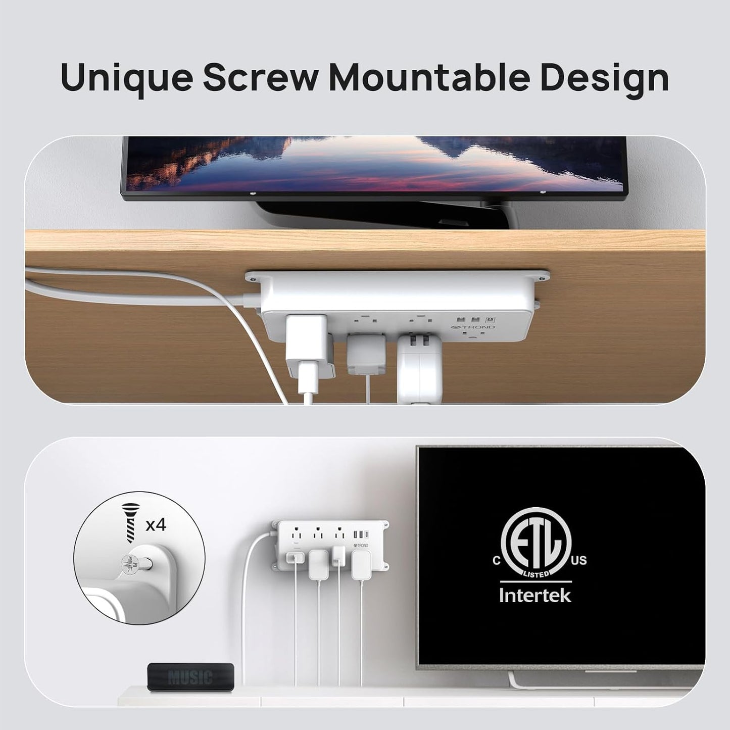 TROND Surge Protector Power Strip Flat Plug, 15ft Long Extension Cord, 7 Widely-Spaced Outlets with 2 USB-A & 1 USB-C, ETL Listed, 1700J, Wall Mountable, for Home Office Garage, White