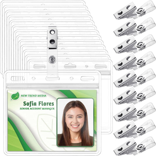 EcoEarth - Horizontal PVC Card Protector with Metal Clips and Vinyl Straps with Soft Edge - Sealable Fits 4x3 inch Inserts - Clear, 25 Pack - Waterproof ID Holder Bulk - ID Card Holder