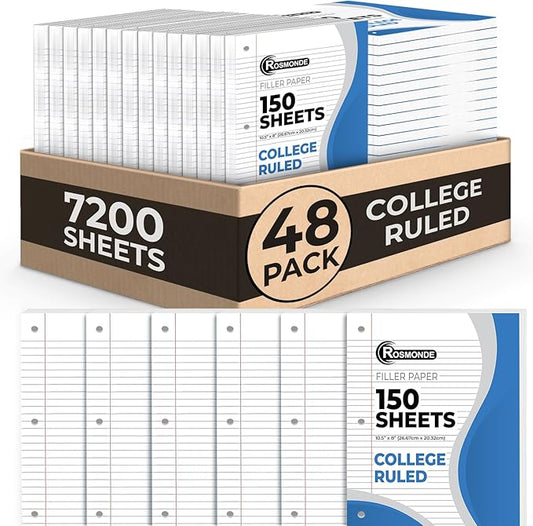 Loose Leaf Paper Bulk, 7200 Sheets, 48 Pack, College Ruled Sheets, 8 x 10.5", 150 Sheets/Pack, 3 Hole Punch, Bulk Notebook Paper, Filler Sheets, Fits Standard Binders, Fights Ink Bleed, White