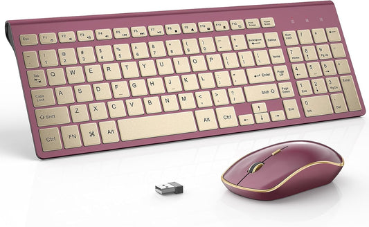 JOYACCESS Wireless Keyboard and Mouse, 2.4g Slim and Ergonomic Wireless Keyboard Mouse Combo- Full Size and Portable Design for Laptop/Windows/Computer-Wine Red Gold