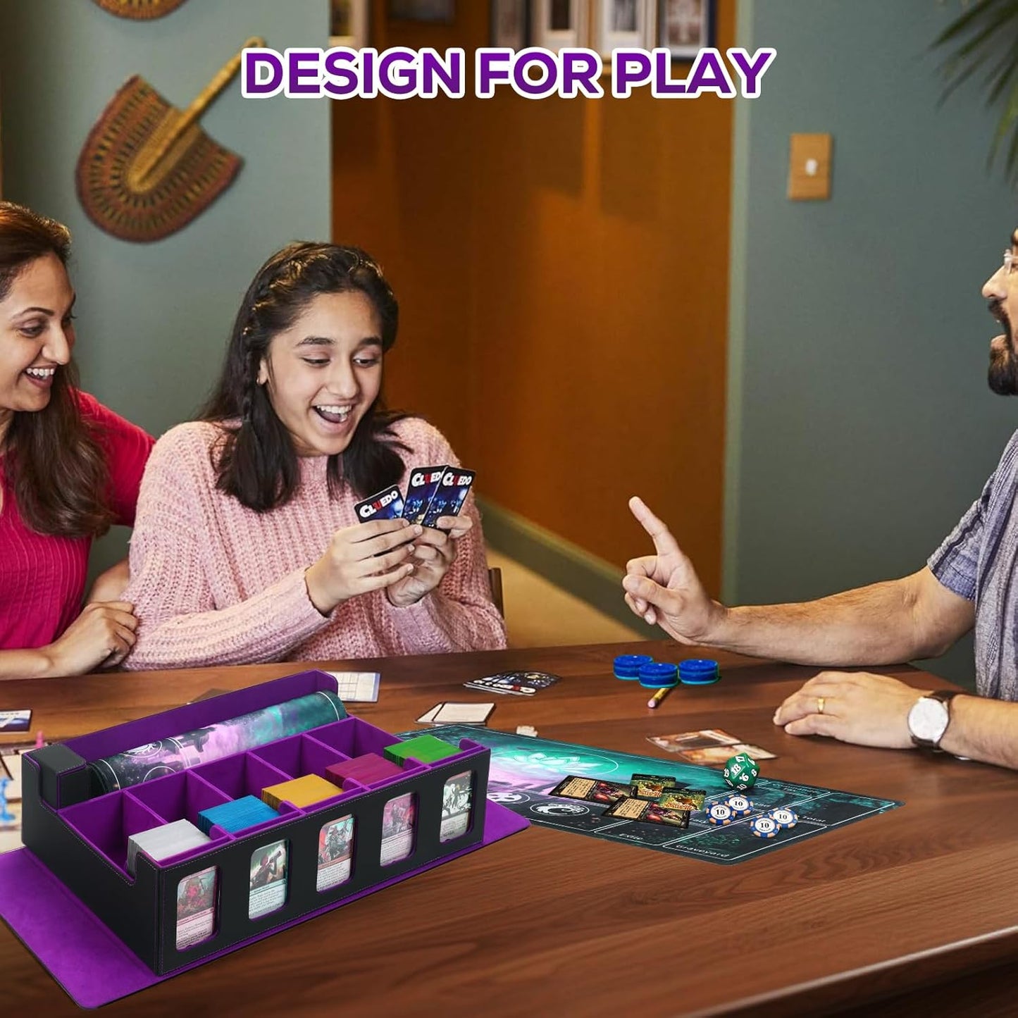 Trading Card Storage Box for MTG, card storage box with Commander Display，Multi-purpose Deck Case for MTG TCG Sports Card, 4 Toploaders, 4 Stoppers, 4 Colorful Dividers (Black& Purple, 5-Row)