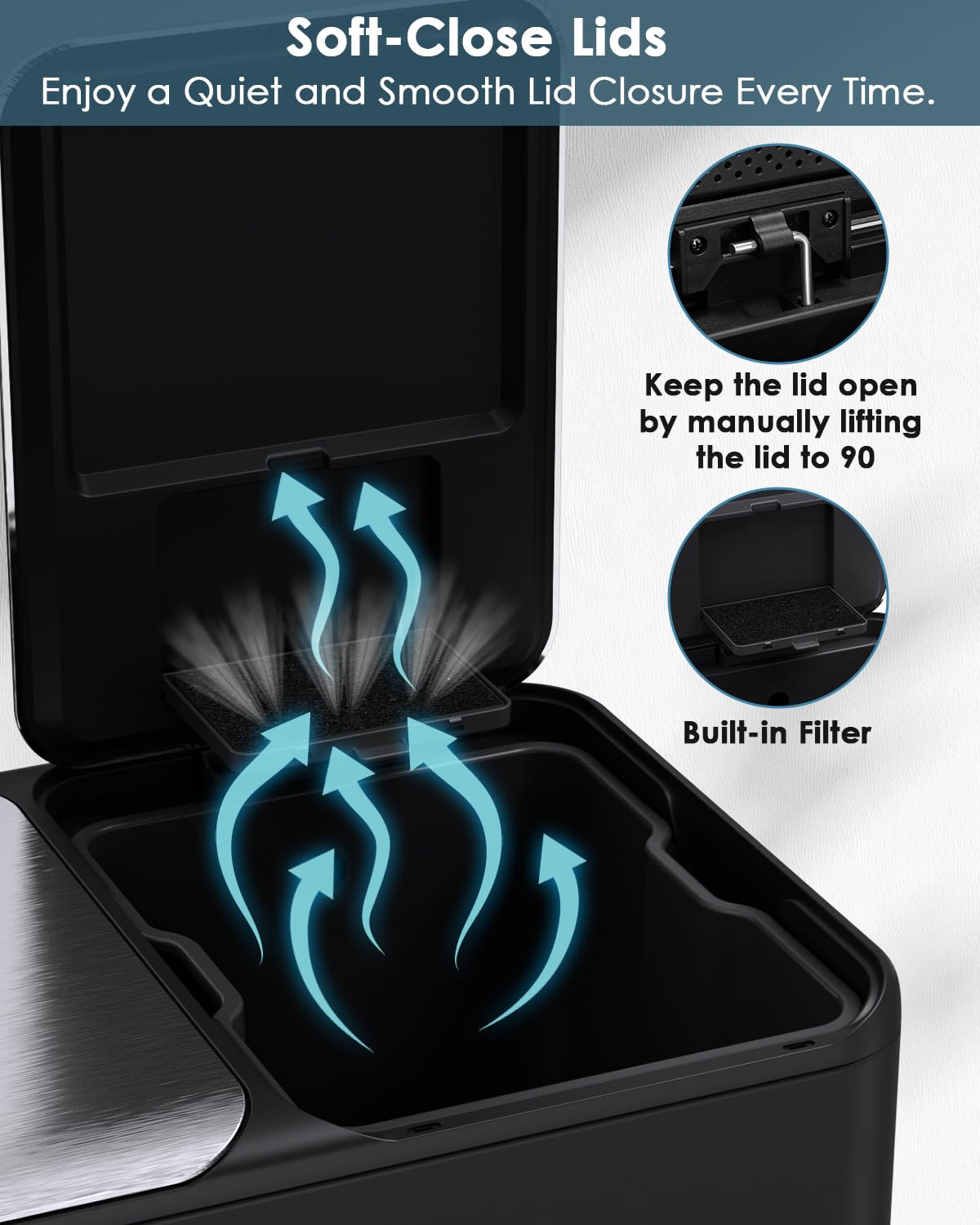 Arlopu 16Gal Dual Trash Can w/2 Built-in Box for Odor Control, Hands-Free Kitchen Garbage Bin, Recycle Waste Dustbin, Soft-Close Lid, 2 Buckets,Foot Pedal, Side Handle, Airtight,for Home Office