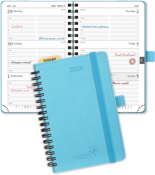 POPRUN Pocket 2026 Planner (Small Size- 4'' x 6.25'') Weekly and Monthly for Purse - Calendar 2026 (Jan. 2026 - Dec.2026) with Soft Cover, Plastic Ruler - Blue Green