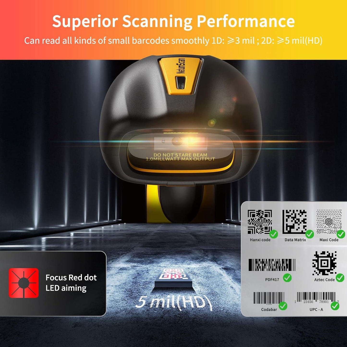 NetumScan Industrial Bluetooth QR Barcode Scanner, IP67 Waterproof & 7M Drop Proof, 1.3M CMOS Sensor Wireless 1D 2D Bar Code Scanner with Charging Stand for Store, POS, Computer, iPhone, Android