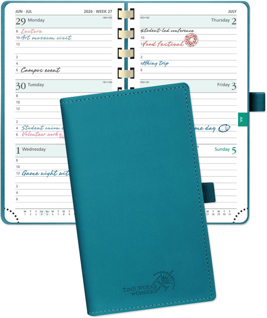 POPRUN 2026 Pocket Planner (Slim Size 3.5" x 6.5") Weekly and Monthly Calendar for Purse, with Hourly Time Slots, 100GSM Thick Paper, Spiral Soft Cover, Pen Holder - Pacific Green