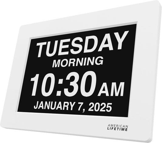 American Lifetime New 2025 Dementia Clock Large Digital Clock for Seniors, Large Display with Custom Alarms, Calendar Clock with Day & Date for Elderly, Clear Numbers Alzheimer Digital Clock White