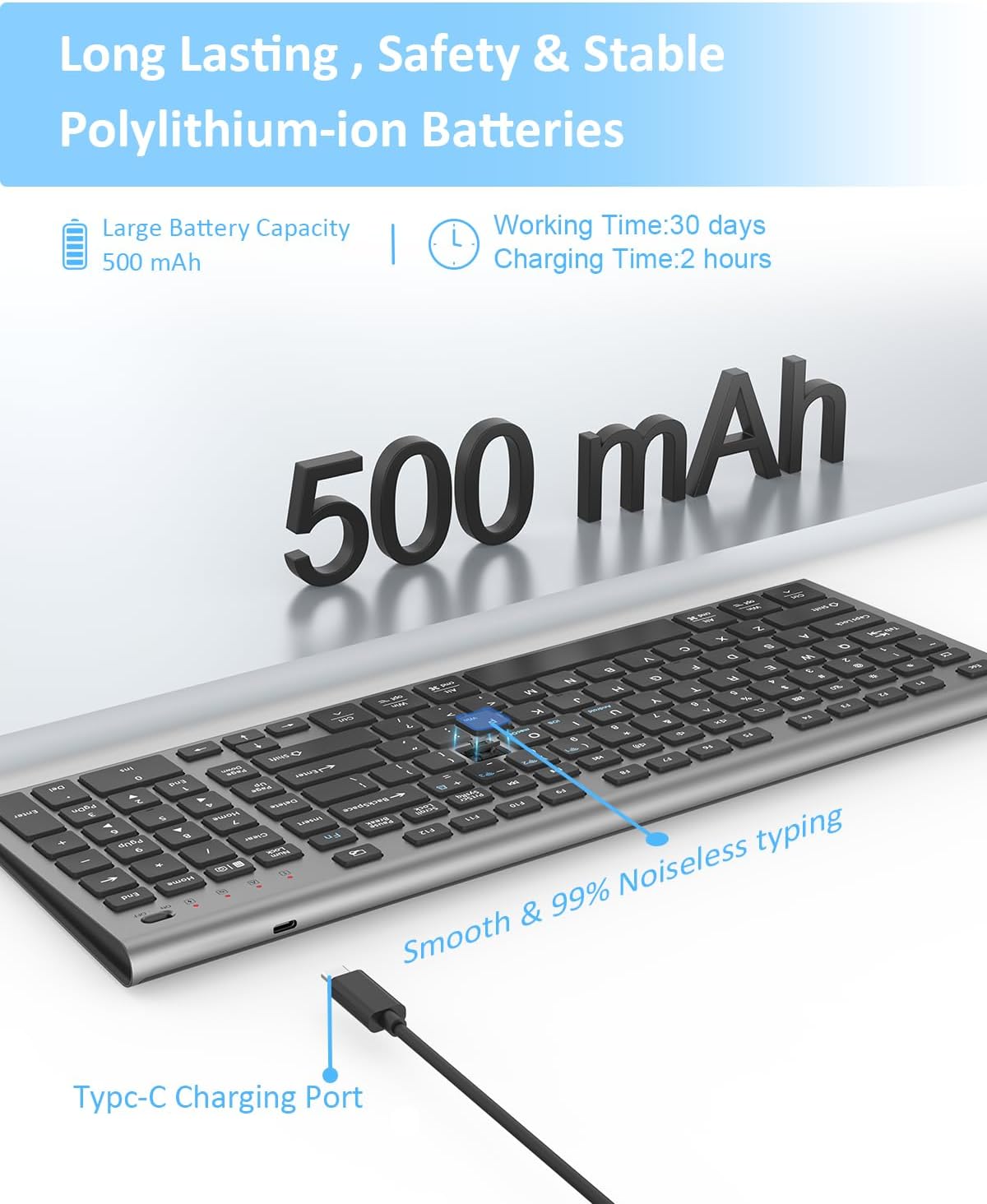 FENIFOX Wireless Keyboard, Bluetooth + USB Ergonomic Silent Quiet Rechargeable with Number Pad Compact Full Size Multi Device Keyboards for iPad Tablet Mac Computer Surface PC MacBook Laptop Blcak