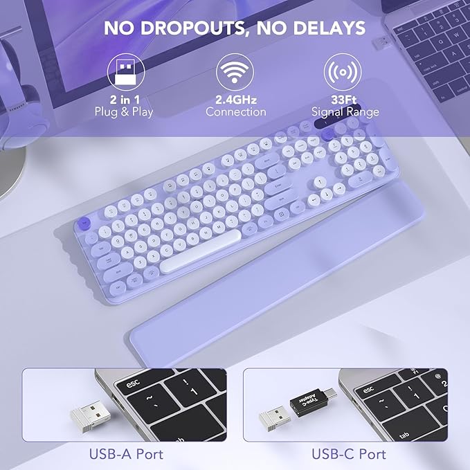 Wireless Keyboard, Round Keycaps, Retro Typewriter Keyboard with Detachable Wrist Rest, Sleep Mode, Foldable Legs, 2.4GHz Full-size Cordless Computer Keyboard for Windows/PC/Laptop (Colorful-Purple)