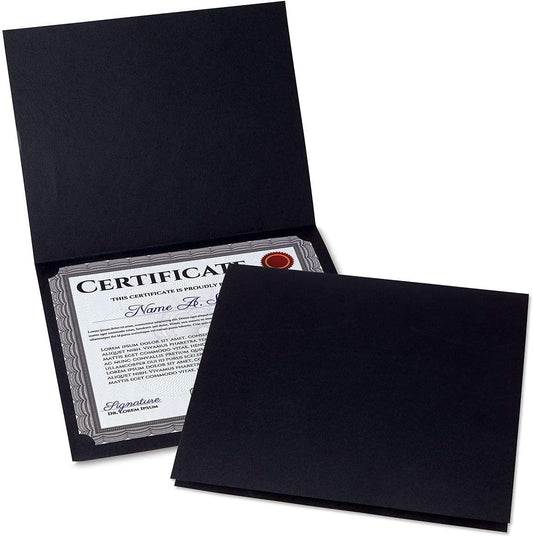 Plain Black Certificate Folders - Pack 50, Linen Cover 80 lb. Stock, Folded, Die-Cut Corners, for Office, Business Awards, Graduation, School Diploma Holder, 9-1/2" x 12" (Set of 50)