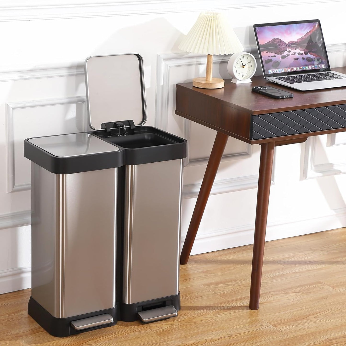 Kitchen Trash Can, 2 x 7.93 Gal (2 x 30L) Dual Trash Can with Recycle Bin, Stainless Steel Garbage Can, Fingerprint-Resistant Soft-Close Dual Recycling Bins for Kitchen