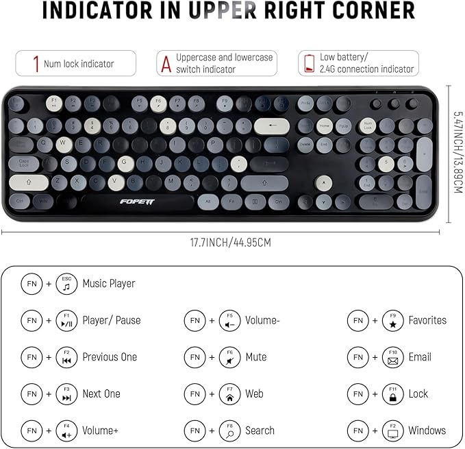 FOPETT Wireless Keyboard and Mouse Combo - 2.4G Full-Sized Cute Colorful Retro Keyboard with Round Keycaps 104 Keys Typewriter Keyboard for Laptop/Windows/PC - Grey Colorful