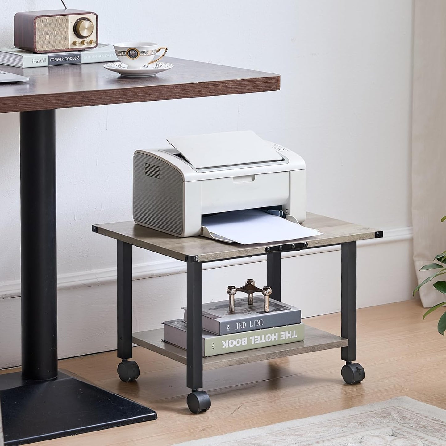 Lerliuo Under Desk Printer Stand, 2-Tier Industrial Mobile Printer Table with Storage Shelf and Steel Frame, Rolling Printer Cart Holder with Lockable Wheels for Home, Office (Grey)