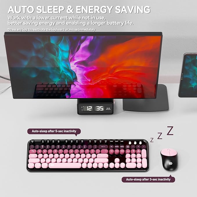 FD Wireless Keyboard and Mouse Combo - 2.4G Full-Sized Cute Colorful Mouse and Keyboard with 104 Round Keys Retro Typewriter Keyboards for Laptop/Windows/PC - Pink Gradient