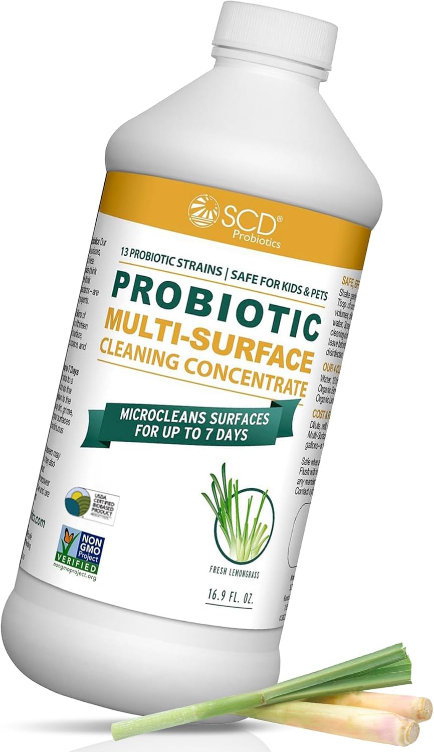Probiotic Multi-Surface Cleaning Concentrate, Lemongrass – USDA Certified Biobased, Microcleans Surfaces for Up to 7 Days, Refill Bottle Makes 2 Gal Probiotic Spray Cleaner – 17 Fl Oz.