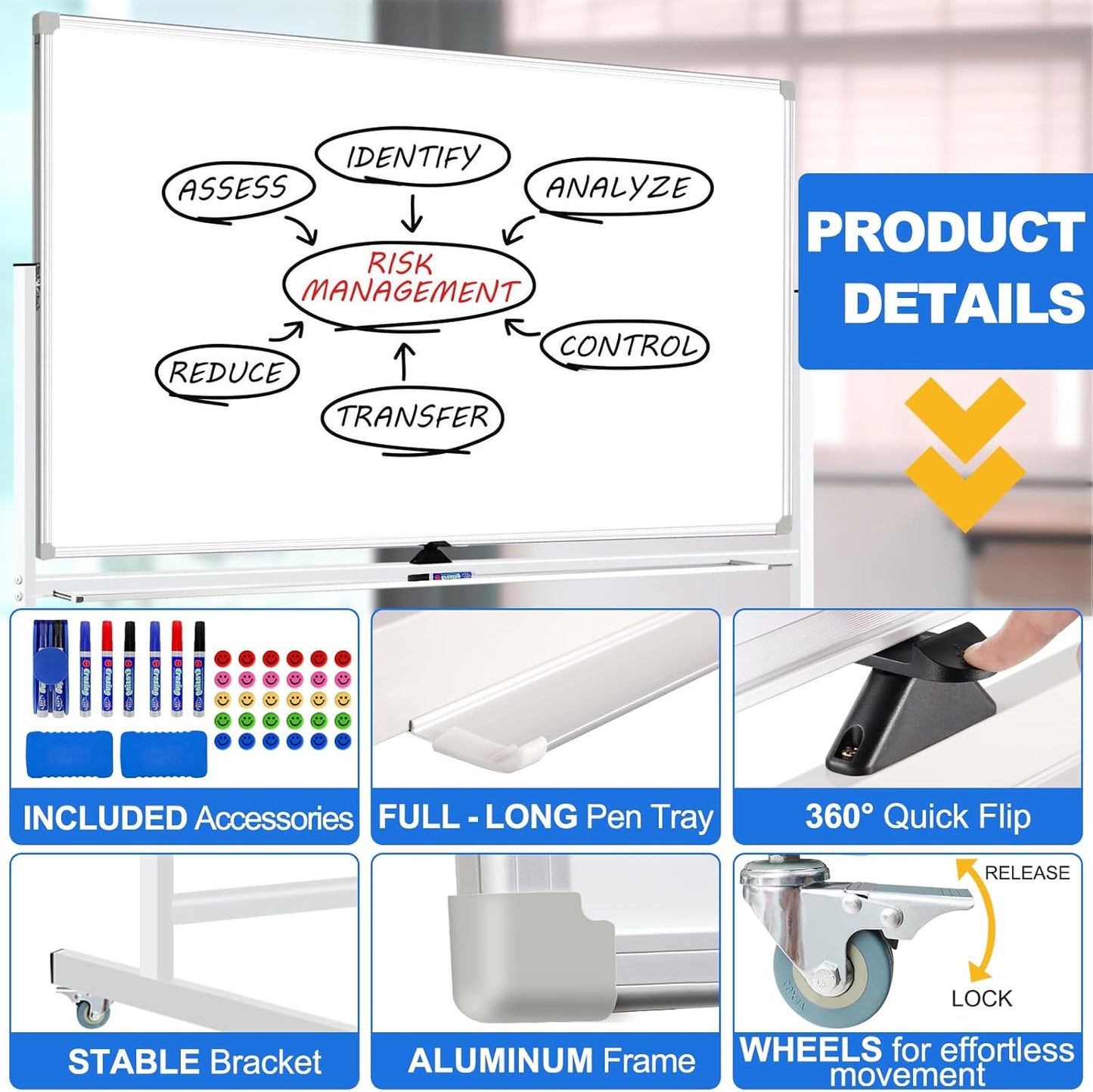 Magnetic White Board Dry Erase Whiteboard with Rolling Stand 72"x48" Double-Sided Mobile Large White Board on Wheels, Including 3 Magnetic Erasers, 7 Markers, 30 Magnets
