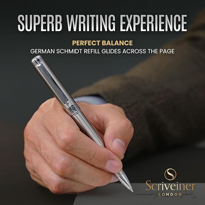 Scriveiner Stainless Steel Ballpoint Pen - Stunning Luxury Pen with Stainless Steel Finish, Schmidt Black Refill, Best Ball Pen Gift Set for Men & Women, Professional, Executive, Office, Nice Pens