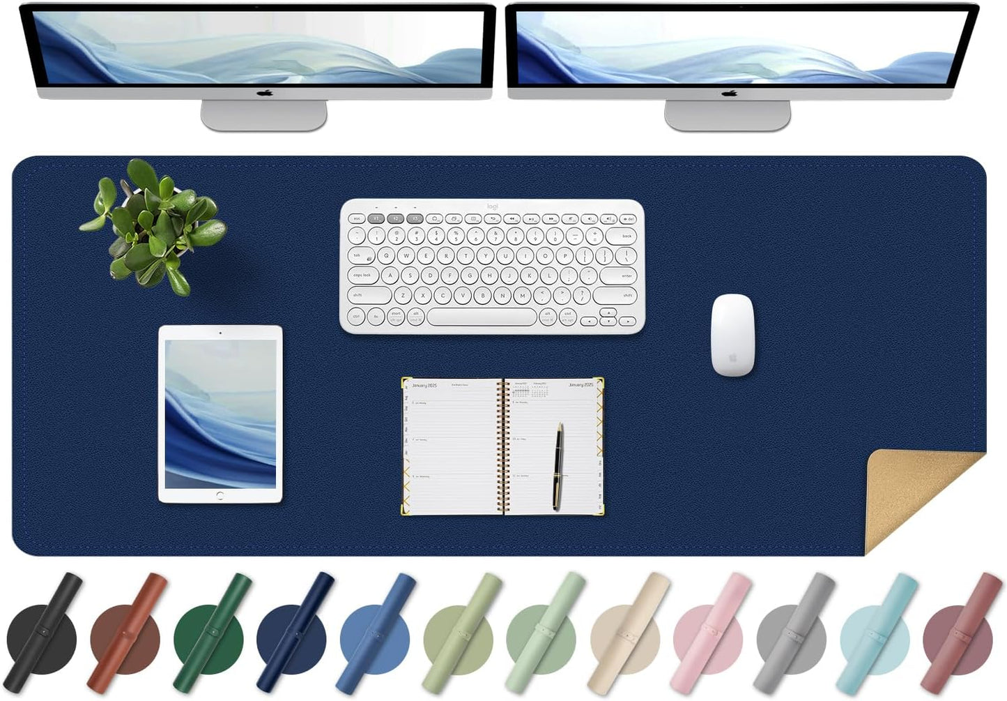 Large Desk Pad Protector, Non-Slip Computer Mat for Desk, 55'' x 17'' PU Leather Office Desk Mat for Home & Office, Laptop Desk Blotter Pad for Mouse and Keyboard, Dark Blue