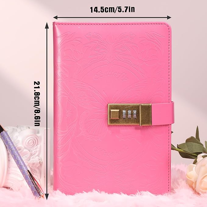 TIEFOSSI Diary with Lock for Women Girls, Lined Locked Journal, Butterfly Journal Notebook with Pen and Bookmark, A5 Refillable Locking Journals for Writing, 224 Numbered Pages