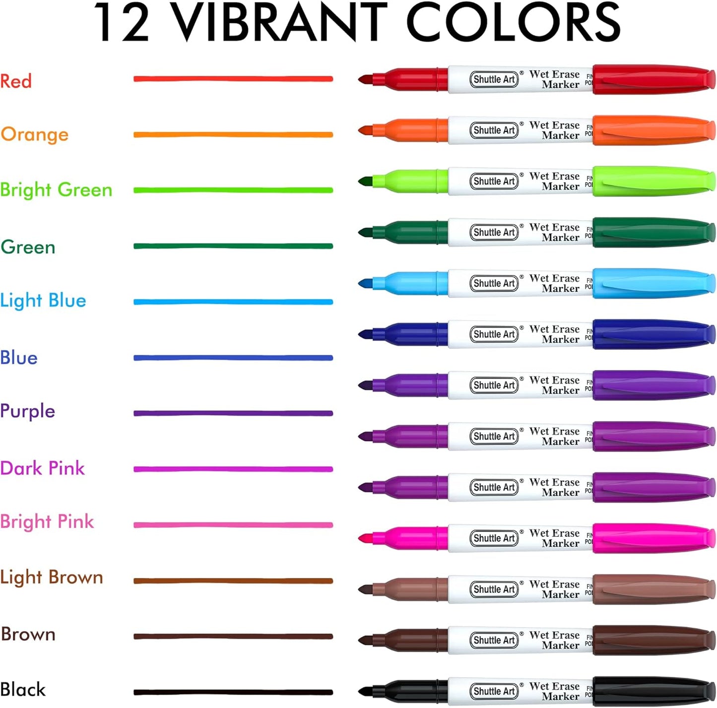 Shuttle Art Wet Erase Markers, 12 Colors 1mm Fine Tip Overhead Projectors Transparency Smudge-Free Markers, Works for Laminated Calendars Whiteboard Schedule Glass, Wipe with Water