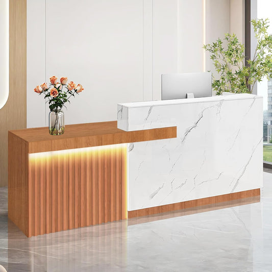 Modern Reception Desk with Counter and Drawer Office Front Desk with Cabinet Wooden Commercial Reception Table Checkout Counter for Retail Salon Lobby White and Brown Left 63inch/160cm