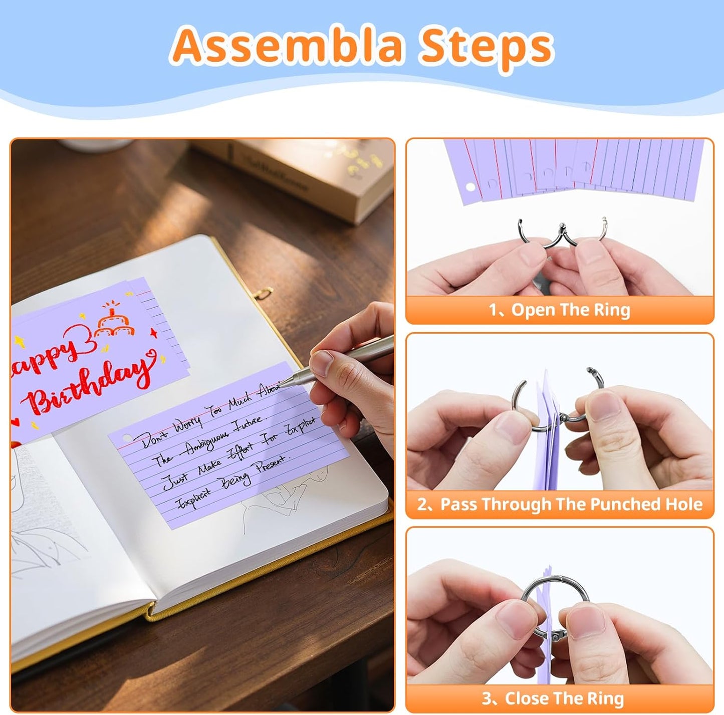 Index Cards 3x5 Inches, 300 PCS, Purple Flash Cards With Ring, Punched Lined Study Card Ruled Flashcards Notecards, Ruled Front And Blank Back, Note Card for School, College And Home