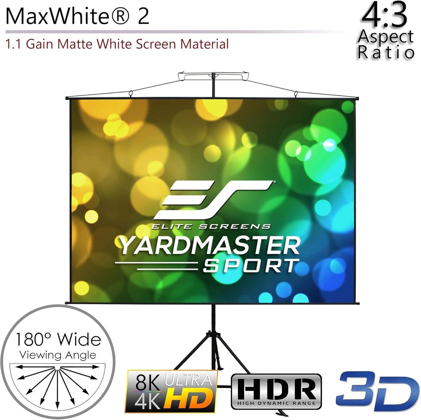 Elite Screens Yard Master Sport, 110-Inch Portable Projector Screen, Dual Tripod/Wall Hanging 2-in-1 Design, 4:3, MaxWhite 1.1 Gain, 180 Degrees, 4K Ultra HD & 3D Ready, Indoor/Outdoor w/ Carry Bag
