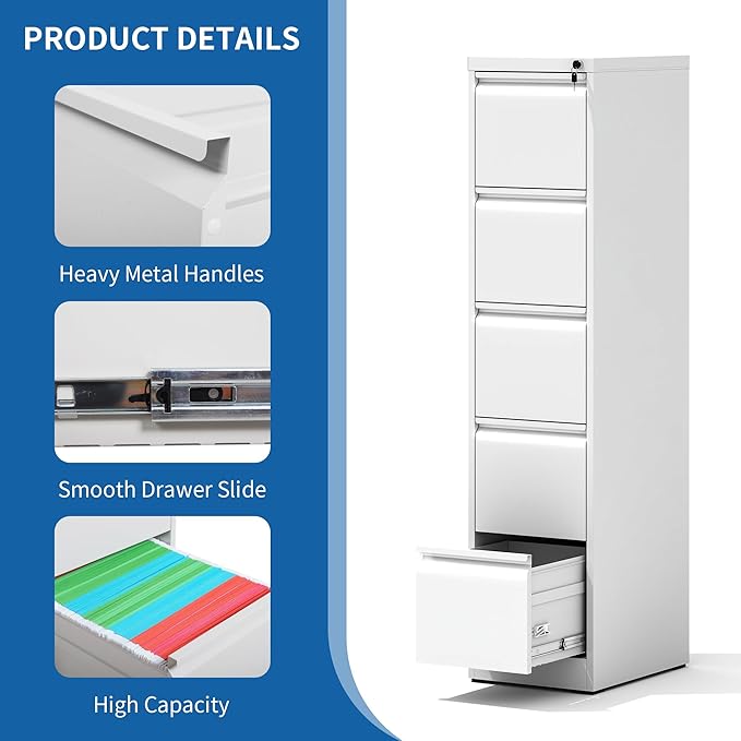 5 Drawer File Cabinet with Lock, Vertical Filing Cabinets for Home Office, Locking File Cabinet Hanging Files for A4/ Legal/Letter, Require Assembly, White