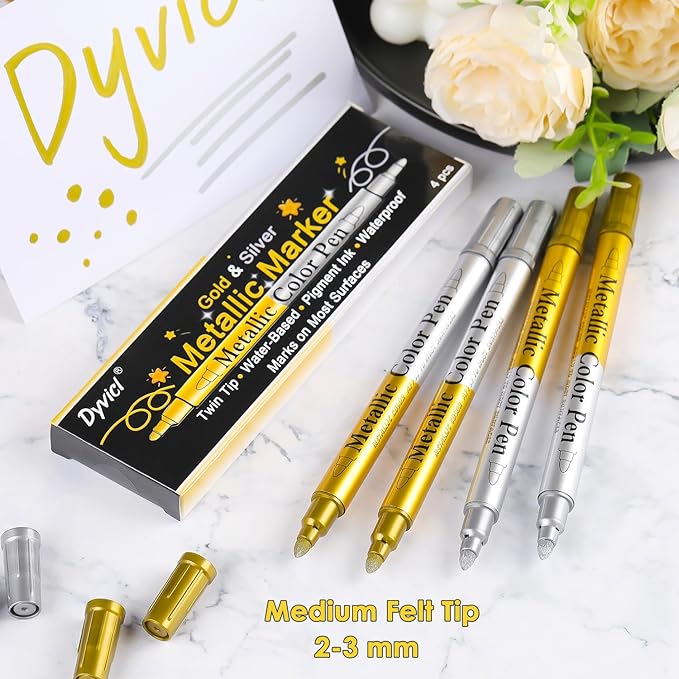 Dyvicl Metallic Marker Pens Dual Tip, Permanent Metallic Silver and Gold Paint Pens for Black Paper, Wine Glass, Rock Painting, Christmas Card Making, Scrapbook, DIY Art Crafts, Set of 4