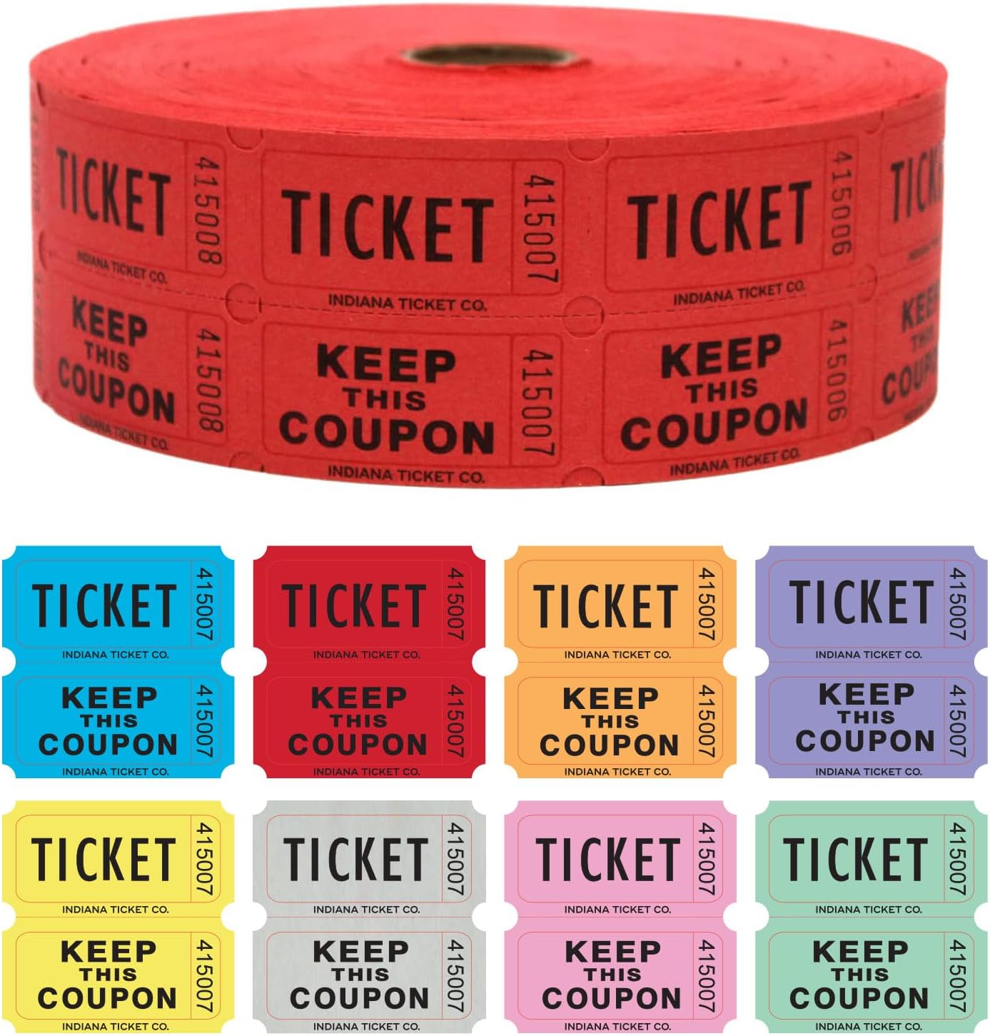 INDIANA TICKET CO. Double Roll Raffle Tickets – 1,000 Red, Events, Fundraiser, Carnival, Fair, Door Prize, Drink/Food Tickets, Classroom Reward, Bingo, Auction, 50/50 Cash Draw. (8 Color Selection)