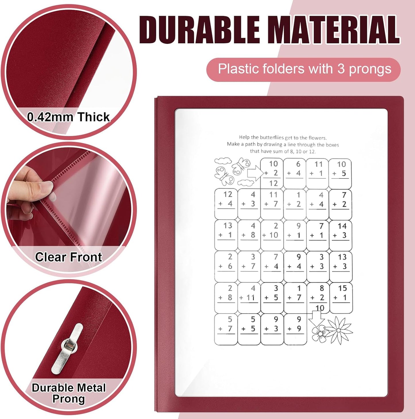 Teling 24 Pcs Report Covers with 3 Prong Fasteners Clear Front Presentation Folders Frame View Poly Report Folder Presentation Binder for Paper Document School Office (Dark Red)