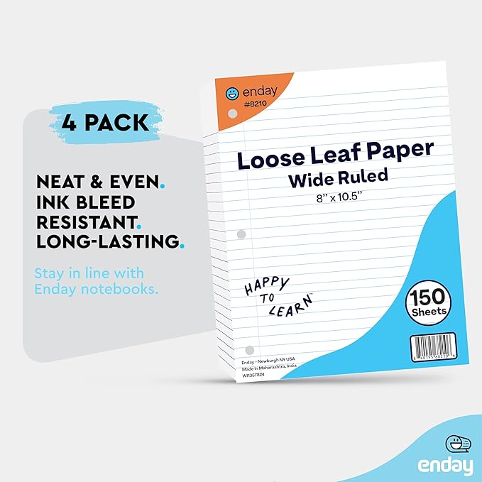 Loose Leaf Paper Wide Ruled Notebook Paper, 8" x 10.5" Filler Paper White, 3 Hole Punched Binder Paper for 3 Ring Binders, Lined Paper 150 Sheets Per Pack (4 Pack) - By Enday