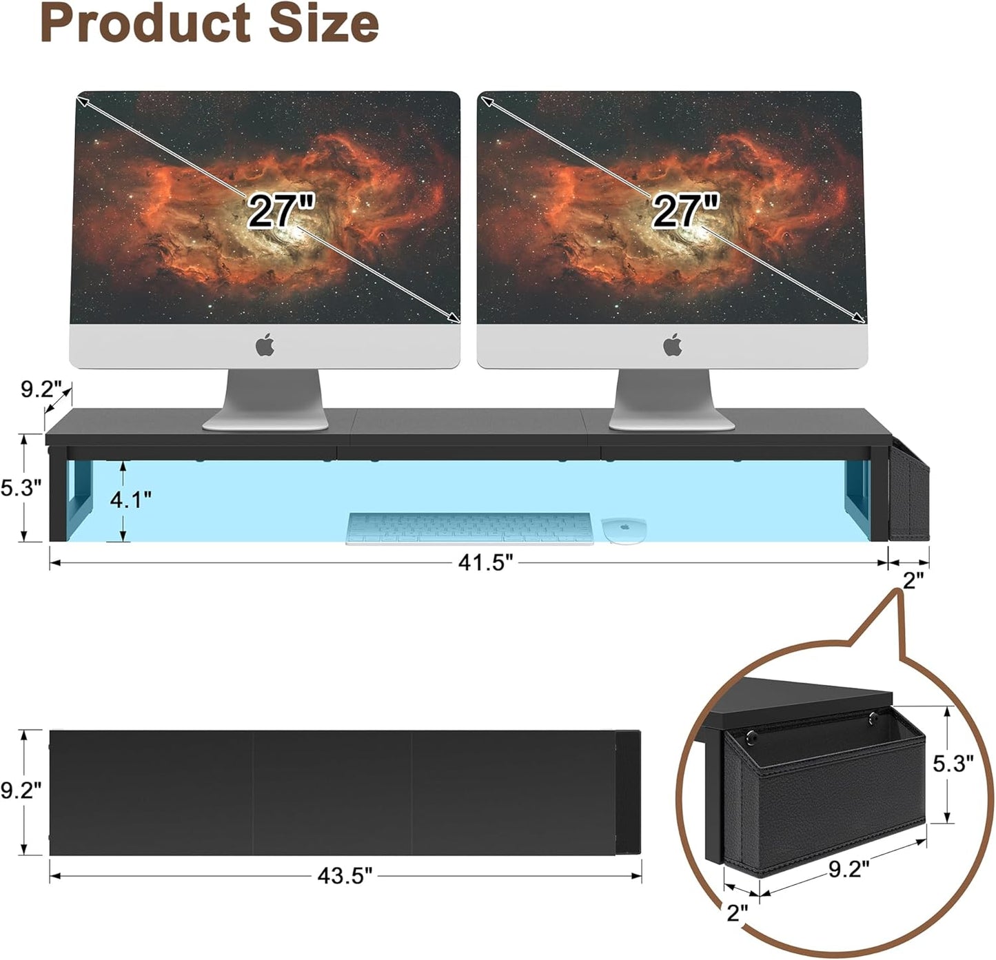 LAND·VOI Dual Monitor Stand Riser,41.5'' Long Monitor Stand for 2 Monitors, Wood and Steel Computer Monitor Stand, Desktop Oraganizer with Pen Holder, Monitor Riser for Desk Computer,Laptop,TV, Black