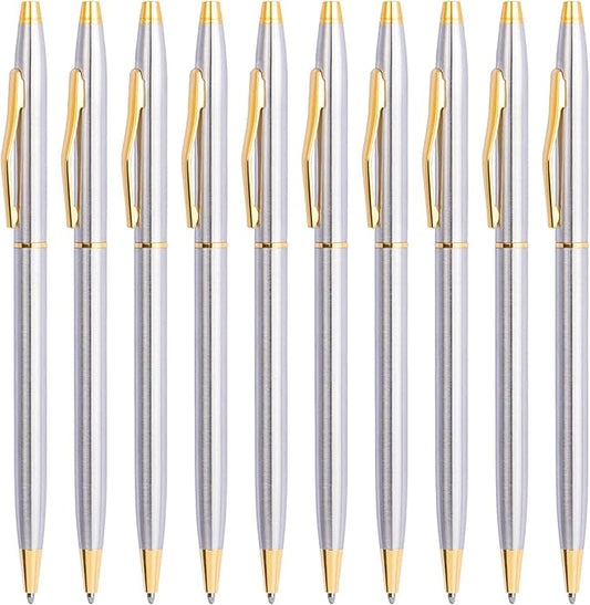 Cambond Black Pens Ballpoint Pens - Fancy Pens Comfortable Writing Gift Mini Conical Sliver Pen Slim Retractable Smooth Writing Bulk 1.0mm Medium Poin, 10 Pack (Silver)