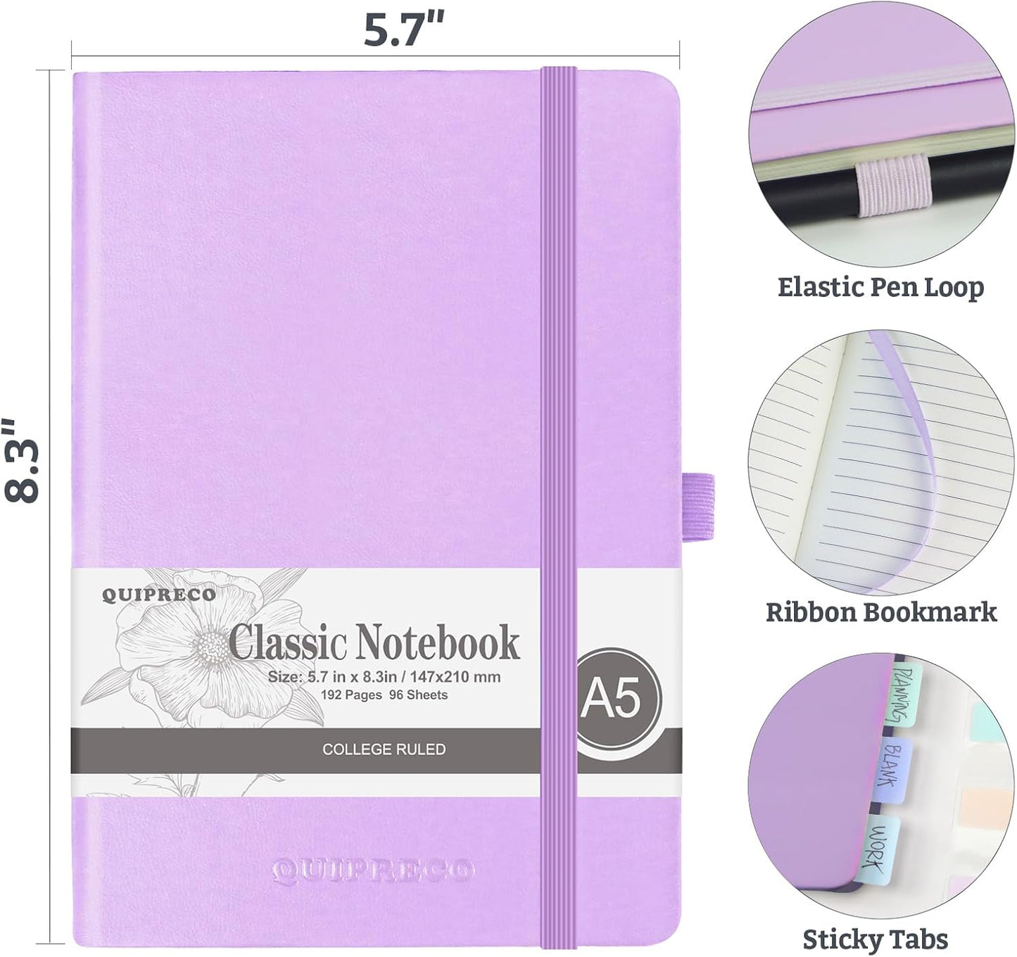 Lined Hardcover Journal Notebook, A5 192 Pages 100Gsm Thick Paper College Ruled for School,Note Taking,Work,Diary，5.7''*8.3'',Lavender