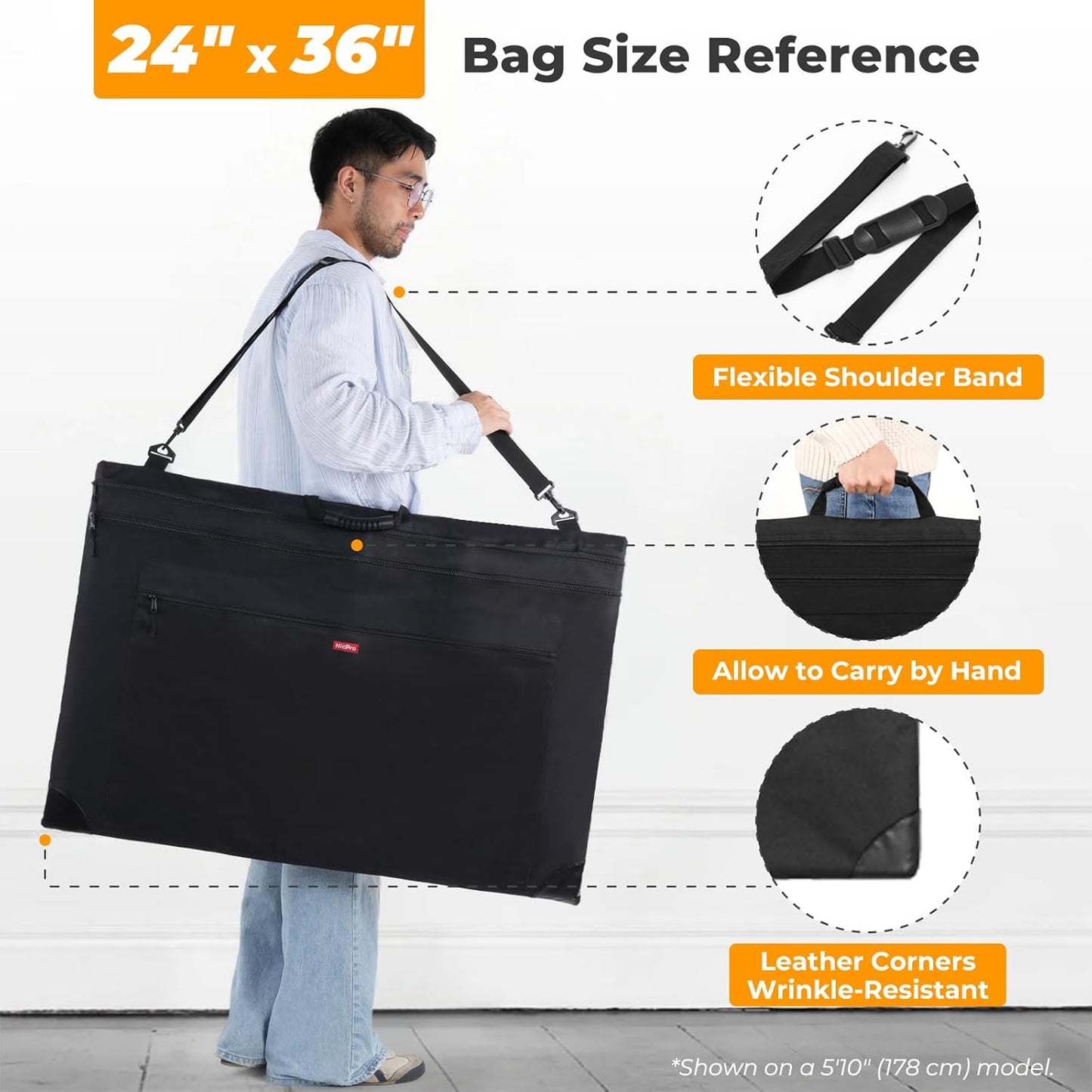 Nicpro Light Weight Art Portfolio Bag, 24x36 Black Art Canvas Portfolio Case with Detachable Shoulder Strap, Leather Corners, Carrying Storage Case for Artwork, Poster, Sketching, and Drawing