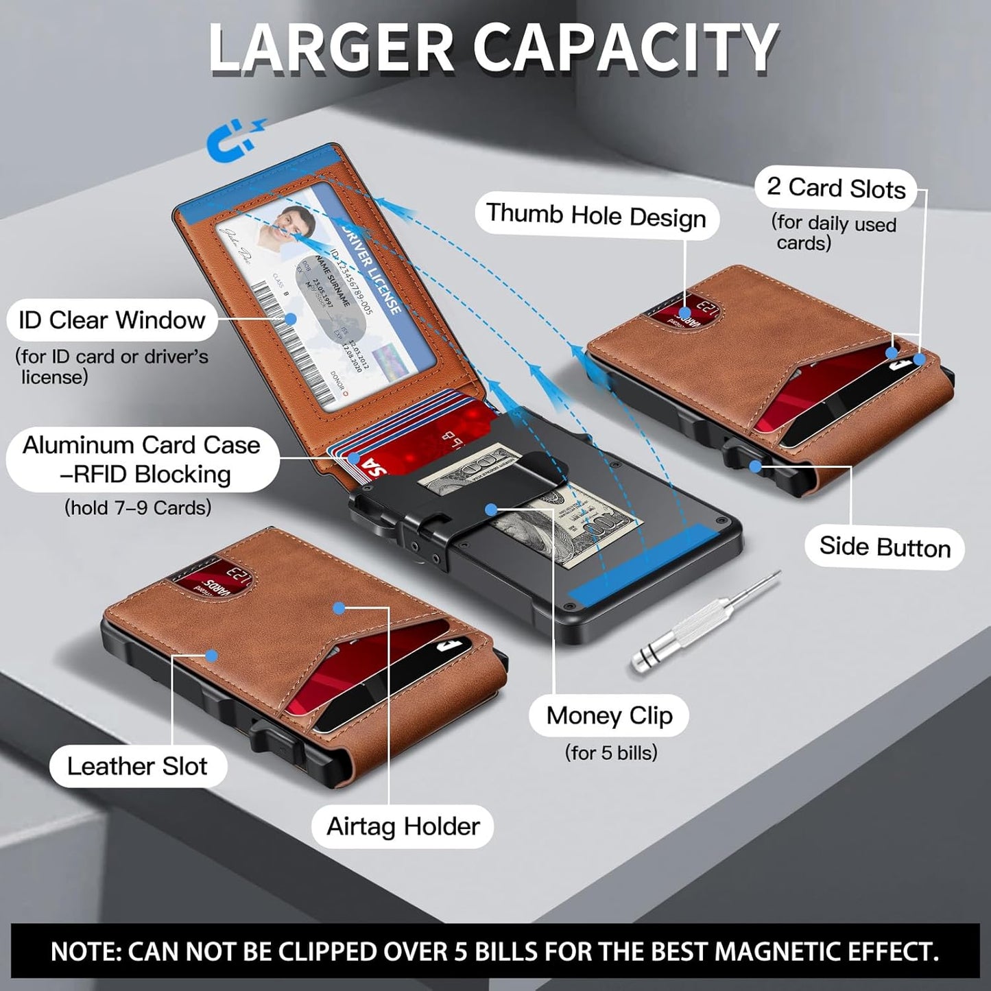 Airtag Wallet for Men, Mens Smart Wallet for Air Tag RFID Blocking, Minimalist Bifold Pop Up Aluminum Credit Card Case Holder 12+ Cards with ID Window, Gift for Men, No Airtag Included, Brown