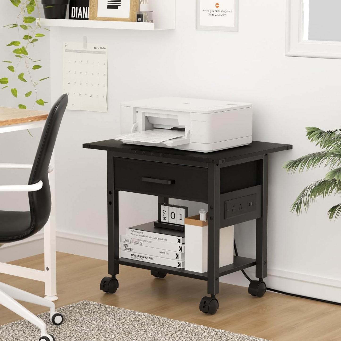 Lerliuo Under Desk Rolling Printer Stand with Charging Station and USB Ports, 2-Tier Printer Table Desk with Fabric Drawer, Printer Cart Holder with Lockable Wheels for Home, Office (Black)