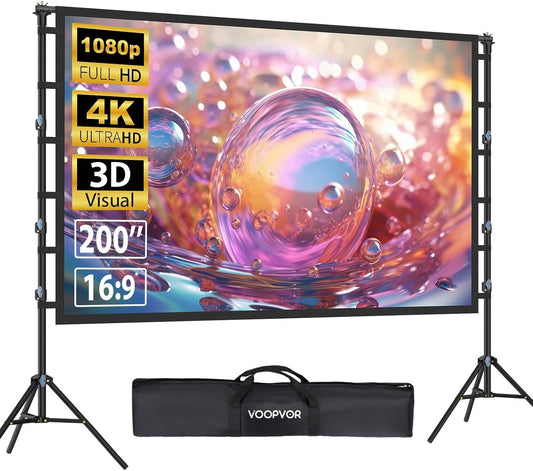 200 Inch Projector Screen with Stand: VOOPVOR 16ft Portable Large Projection Screen and Stand Outdoor - Front/Rear Movie Screen Indoor 16:9 4K HD - Wrinkle-Free & Carry Bag for Backyard Cinema