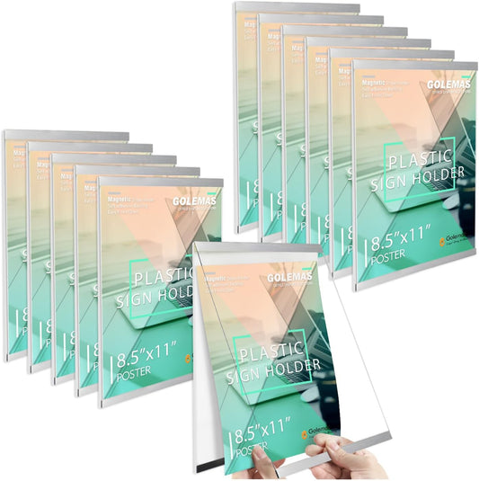 Acrylic Magnetic Sign Holder, Easy-Opening 8.5 x 11 Wall Mount Display Frames, Self Adhesive Back Plastic Clear Document Holder, Silver Aluminium Strips Frame (8.5 x 11, 12Pack)