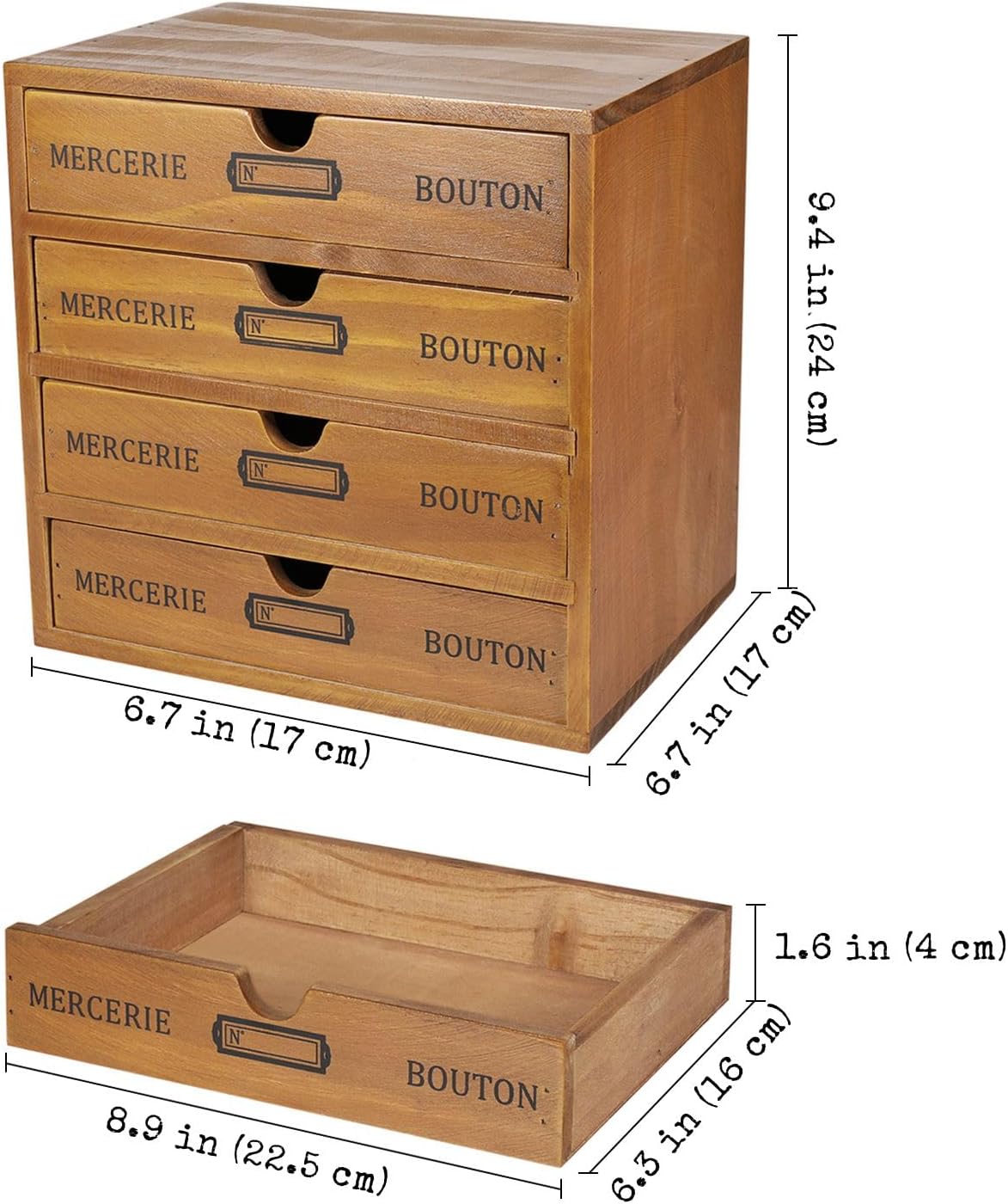 Flexzion Desktop Storage Box with Drawers - Wooden 4 Drawer Organizer Card Catalog Cabinet, No Assembly Required, Pine Wood Vintage Tabletop for Home and Office Accessories