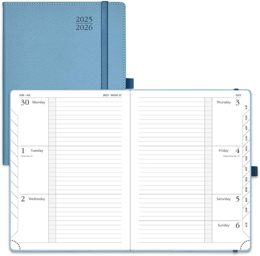 POPRUN Planner 2025-2026 (Medium 6.75''x 8.75''), Horizontal Weekly Notebook Jul.2025 - Jun.2026, Academic Appointment Book with Monthly Tabs, Leather Hardcover, Inner Pocket, 100 GSM - Aquamarine