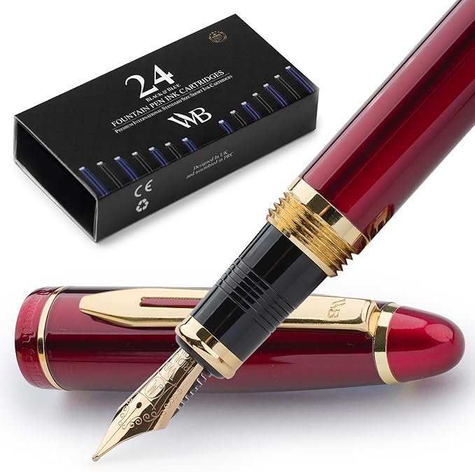 Wordsworth & Black Majesti Fountain Pen-(Red), Luxury Case, 24K Gold Finish; 18K Gilded Medium Nib- Ink Cartridges, Refillable Ink Converter-Calligraphy Pen-Best Business Gift Set for Men & Women