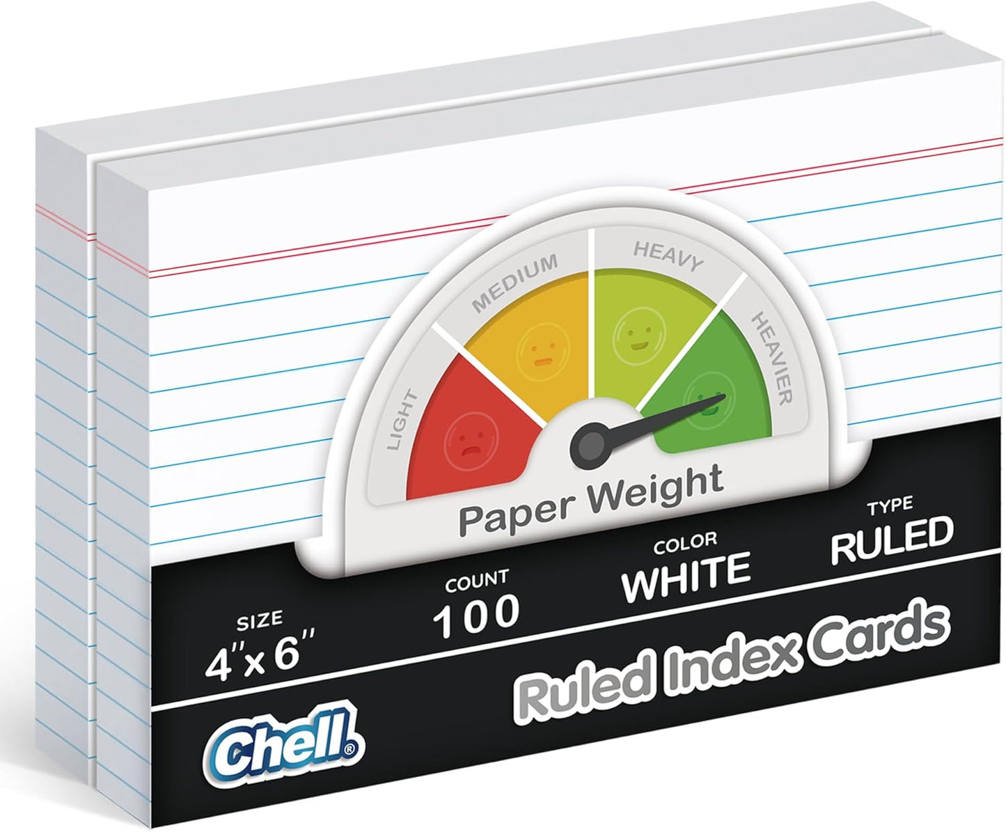 Chell Extra Heavyweight Ruled Index Cards 4x6 Inch, No Bleed-Through, 100 Count, Ruled Front and Blank Back, 85 lb. Cover Weight, White