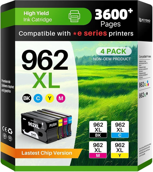 962XL Ink Cartridge Combo Pack Compatible for 962 Ink Cartridges Work with Officejet Pro 9015e 9015 9010 9018e 9025e 9012e 9018 9025 9020 9012 Printers 4 Pack (Black Cyan Magenta Yellow)