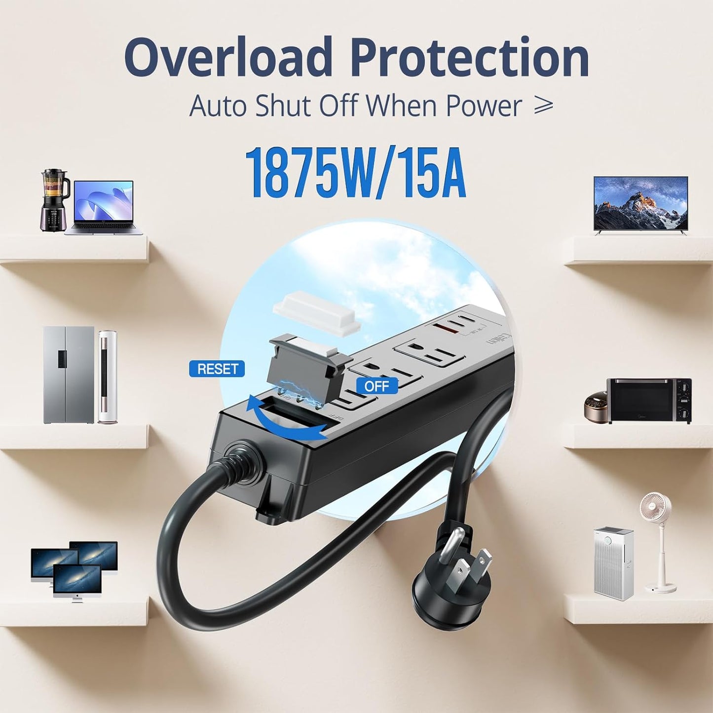 USB Outdoor Power Strip Weatherproof, Waterproof Surge Protector with 3 Wide Outlet with 3 USB Ports, Shockproof Overload Protection,15FT Extension Cord for Outside Decorations,Christmas Lights,Patio